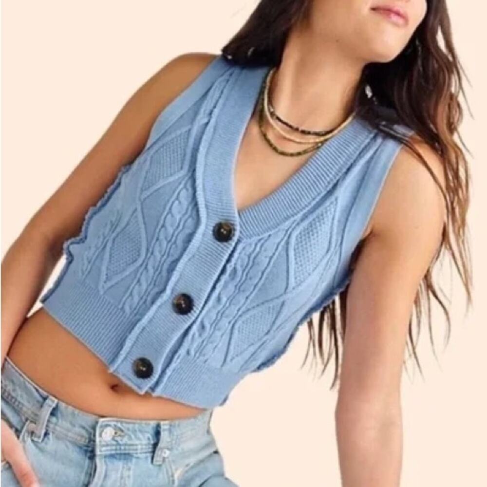 Free People Denson Cable Knit Vest in Blue Size Large Gently Used Boho Preppy